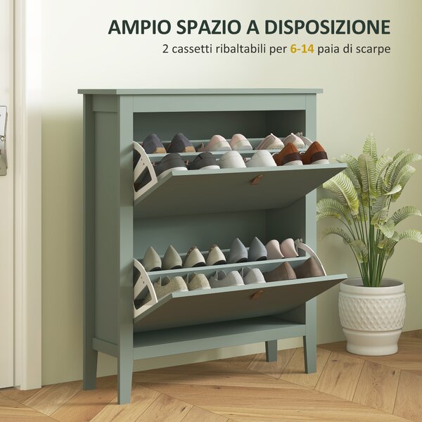 HOMCOM Scarpiera Slim con 2 Cassetti e Ripiani Regolabili per 14 Paia di Scarpe EU44, 80x24x95,5 cm, Verde | Aosom Italy