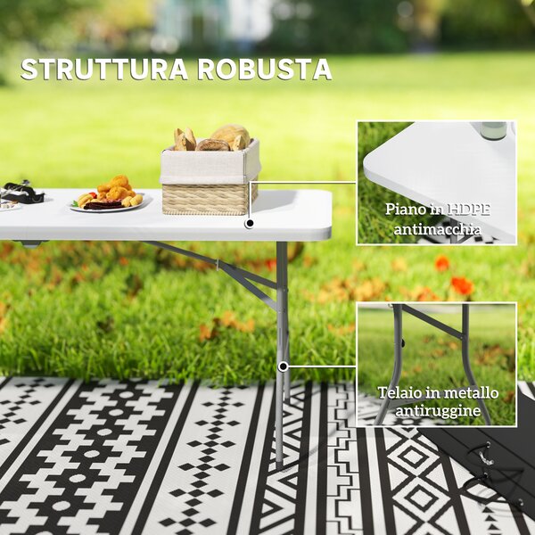 Outsunny Tavolo da Giardino Pieghevole con Maniglia, Acciaio e Plastica, 180x74x74 cm, Bianco