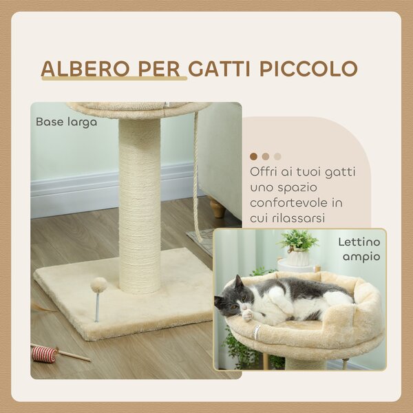 PawHut Albero Tiragraffi per Gatti con Lettino e Pallina in Peluche e Palo in Sisal 55x55x83cm Beige|Aosom