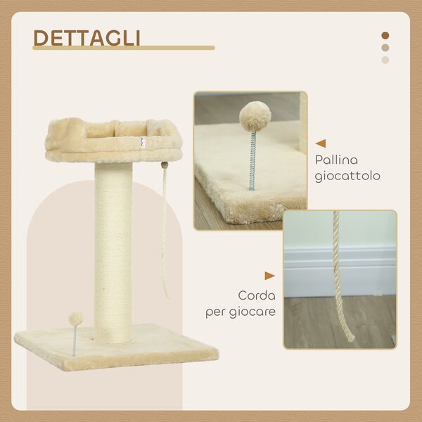 PawHut Albero Tiragraffi per Gatti con Lettino e Pallina in Peluche e Palo in Sisal 55x55x83cm Beige|Aosom