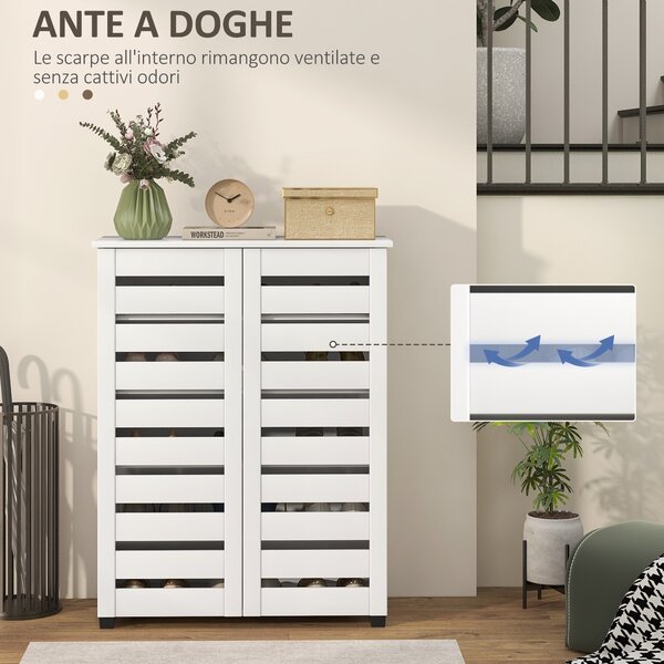 HOMCOM Mobile Scarpiera Moderno a 5 Livelli con 4 Ripiani Regolabili e Ante a Doghe, per 15 paia di scarpe in Legno, 76x33Px98 cm, Bianco | Aosom Italy