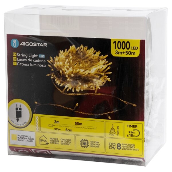 Aigostar - Catena luminosa natalizia LED da esterno 1000xLED/6W/230V 50m IP44 bianco caldo