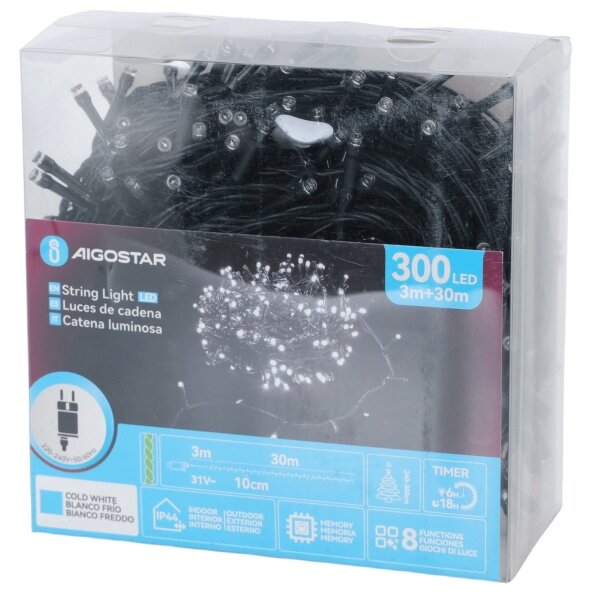 Aigostar - Catena luminosa natalizia LED da esterno 300 LED/3,6W/230V 30m IP44 bianco freddo