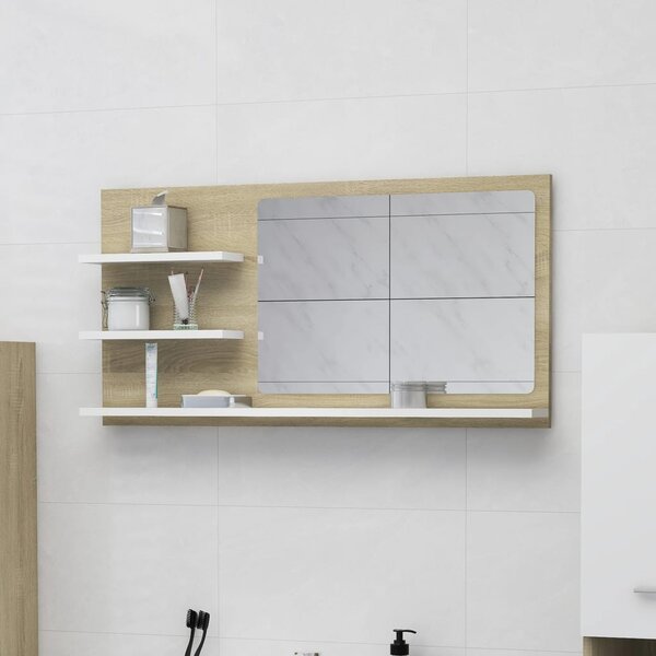 Specchio Bagno Bianco e Rovere Sonoma 90x10,5x45 cm Multistrato