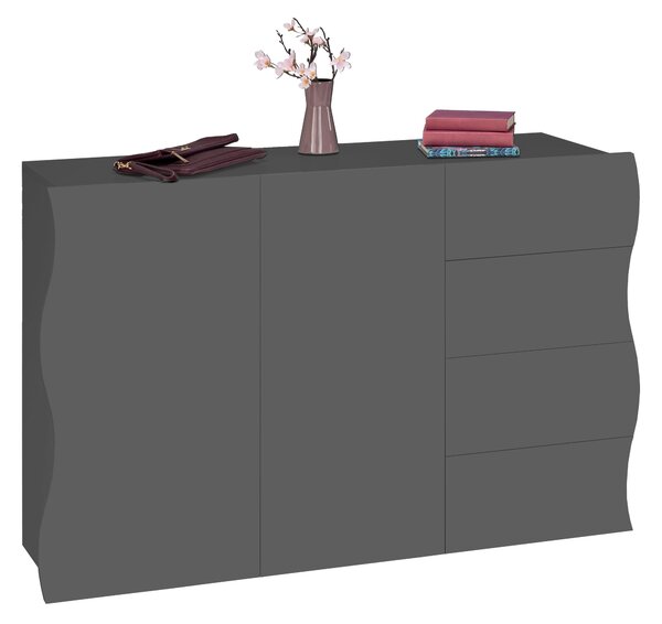 Mobile Multiuso 2 Ante 4 Cassetti Onda 124x40x81 cm Finitura in Melamina Antracite Opaco