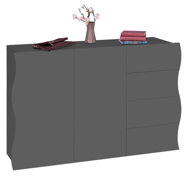 Mobile Multiuso 2 Ante 4 Cassetti Onda 124x40x81 cm Finitura in Melamina Antracite Opaco