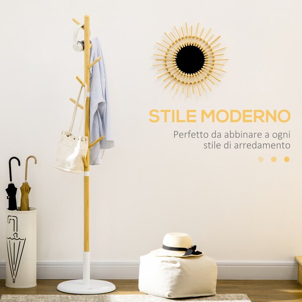 HOMCOM Albero Appendiabiti a 8 Ganci con Base Rotonda in Bambù, Legno e Metallo, Ø37.8x175.6 cm, color Legno e Metallo