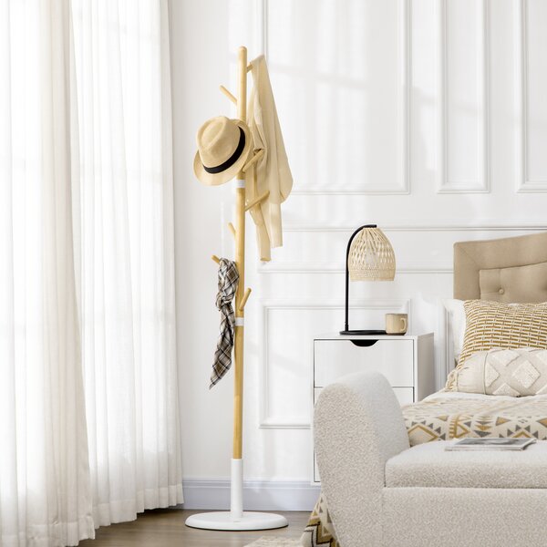 HOMCOM Albero Appendiabiti a 8 Ganci con Base Rotonda in Bambù, Legno e Metallo, Ø37.8x175.6 cm, color Legno e Metallo