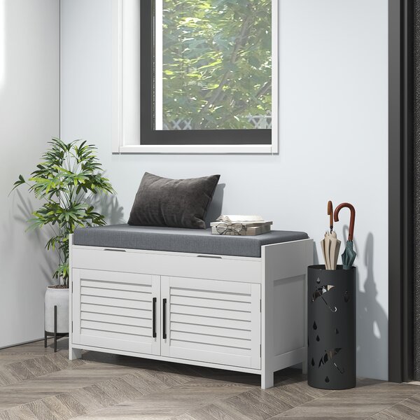 HOMCOM Panca Scarpiera con Ripiano Interno Regolabile su 3 Livelli, in MDF e Simil Lino, 90x36x50 cm, Bianco e Grigio