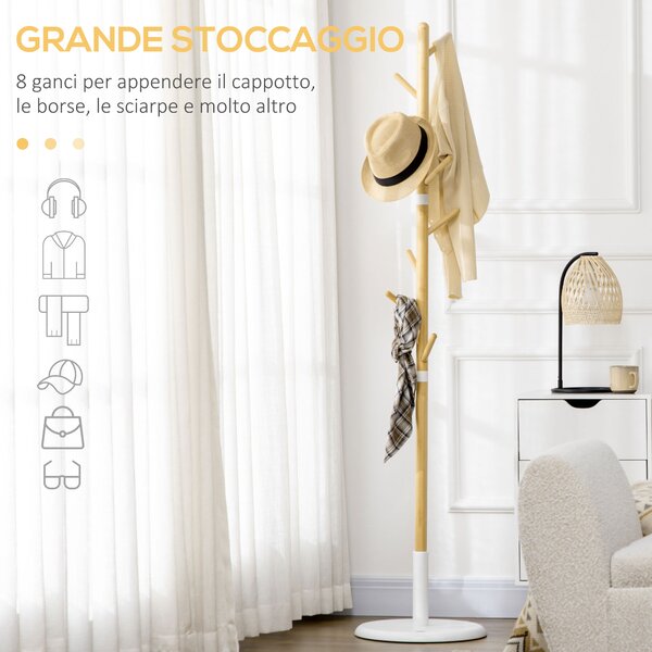 HOMCOM Albero Appendiabiti a 8 Ganci con Base Rotonda in Bambù, Legno e Metallo, Ø37.8x175.6 cm, color Legno e Metallo