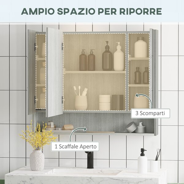 Kleankin Armadietto con Specchio a 4 Sezioni con Ripiani Regolabili, in Legno e Vetro, 90x15x75 cm, Grigio
