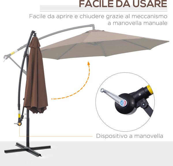 Outsunny Ombrellone Decentrato Ø3x2.5 m con Base a Croce e Manovella, in Acciaio e Poliestere color Caffè