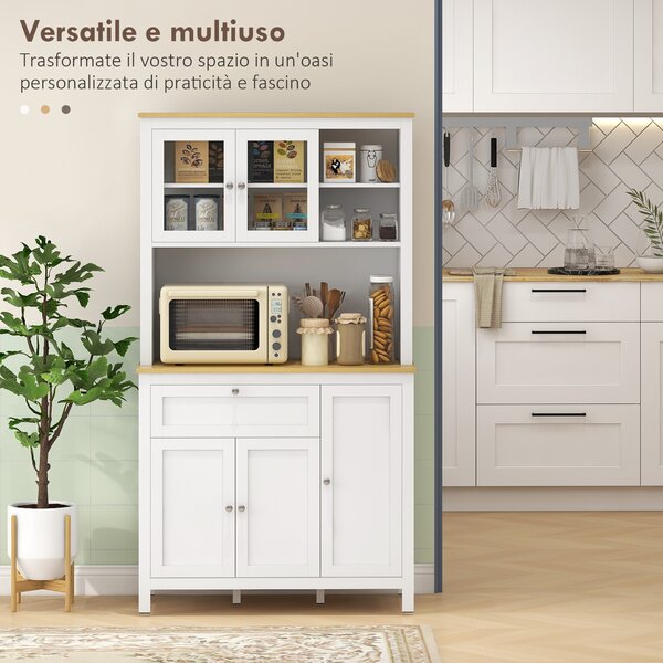HOMCOM Dispensa Cucina con Cassetti, Ripiani Aperti e Scaffali Regolabili in Legno, 100x40x180 cm, Bianco