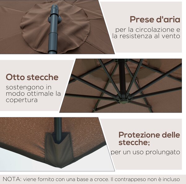 Outsunny Ombrellone Decentrato Ø3x2.5 m con Base a Croce e Manovella, in Acciaio e Poliestere color Caffè