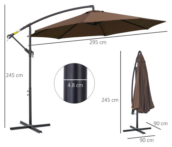 Outsunny Ombrellone Decentrato Ø3x2.5 m con Base a Croce e Manovella, in Acciaio e Poliestere color Caffè