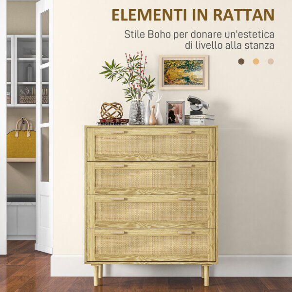 HOMCOM Cassettiera Mobile 4 Cassetti, Stile Boho in Legno e Rattan, al muro, per soggiorno, camera e ingresso, 90x45x108.5cm, Rovere|Aosom Italy