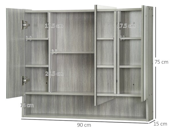 Kleankin Armadietto con Specchio a 4 Sezioni con Ripiani Regolabili, in Legno e Vetro, 90x15x75 cm, Grigio