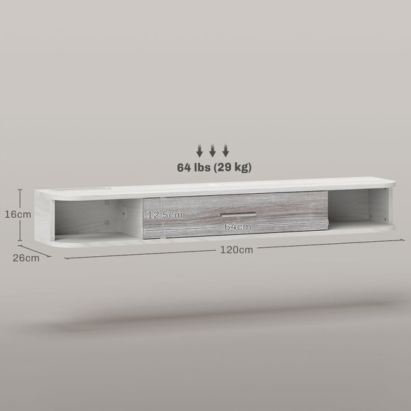 HOMCOM Mobile TV Sospeso in Legno con 2 Ripiani Aperti e Armadietto, 120x26x16 cm, Bianco e Grigio