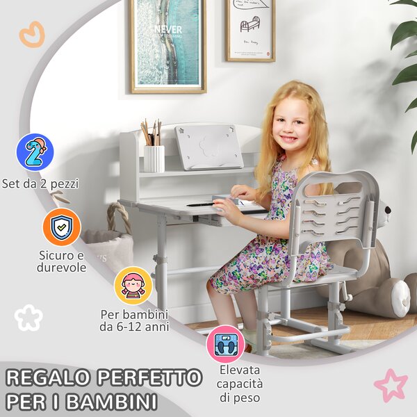 ZONEKIZ Banco Scuola con Sedia per Bambini 6-12 Anni, Scrivania Altezza Regolabile e Sedia Inclinabile, Set Studio Ergonomico|Aosom Italy