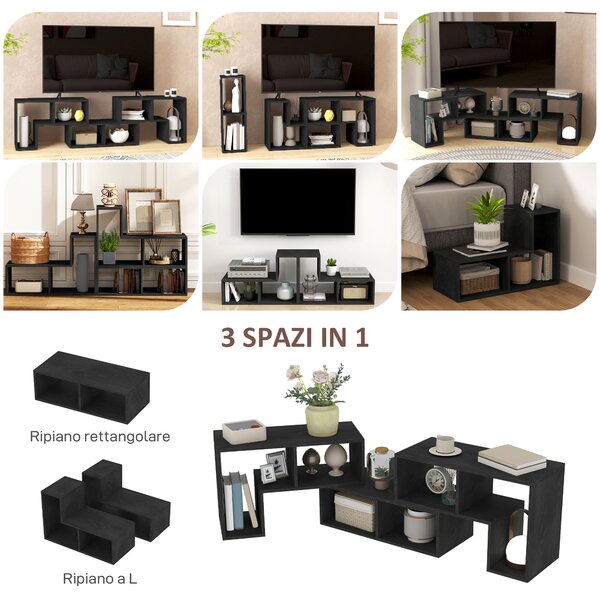 HOMCOM Mobile TV 75" max Modulabile con 2 Ripiani a L e Mensola Rettangolare, in Legno, 134-180x30.5x44 cm, Nero