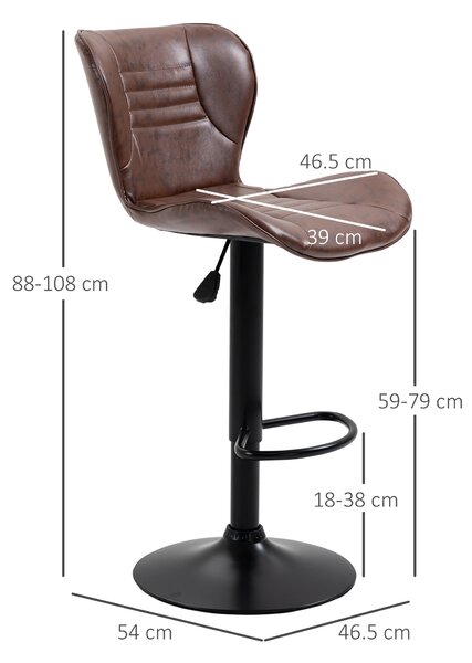 HOMCOM Set 2 Sgabelli Alti da Cucina in Finta Pelle con Altezza Regolabile, Seduta Girevole e Poggiapiedi, 46.5x54x88-108 cm, Marrone | Aosom Italy