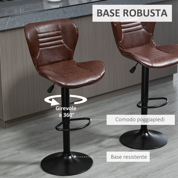 HOMCOM Set 2 Sgabelli Alti da Cucina in Finta Pelle con Altezza Regolabile, Seduta Girevole e Poggiapiedi, 46.5x54x88-108 cm, Marrone | Aosom Italy