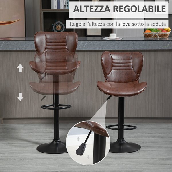 HOMCOM Set 2 Sgabelli Alti da Cucina in Finta Pelle con Altezza Regolabile, Seduta Girevole e Poggiapiedi, 46.5x54x88-108 cm, Marrone | Aosom Italy