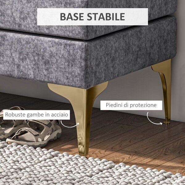HOMCOM Panca Fondo Letto a 2 Strati in Tessuto Effetto Velluto e Acciaio, 121x50.5x46.5 cm, Grigio Scuro e Oro