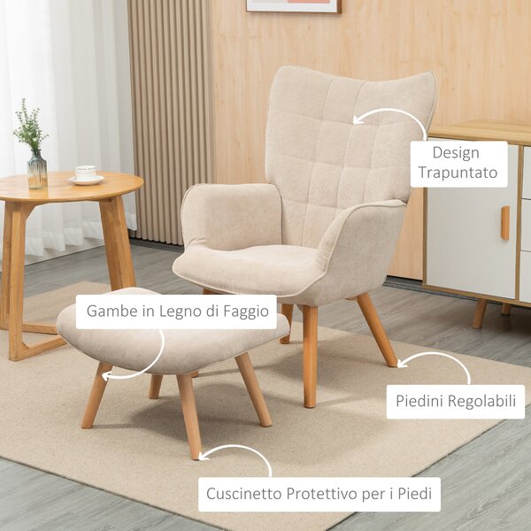HOMCOM Poltrona Relax con Pouf Poggiapiedi in Velluto a Costine con Schienale Alto e Braccioli, Beige