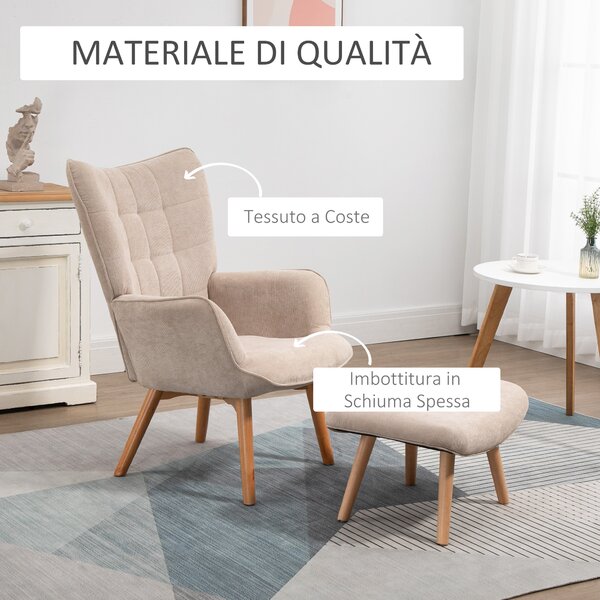 HOMCOM Poltrona Relax con Pouf Poggiapiedi in Velluto a Costine con Schienale Alto e Braccioli, Beige