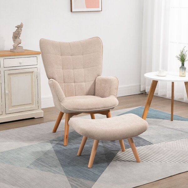 HOMCOM Poltrona Relax con Pouf Poggiapiedi in Velluto a Costine con Schienale Alto e Braccioli, Beige