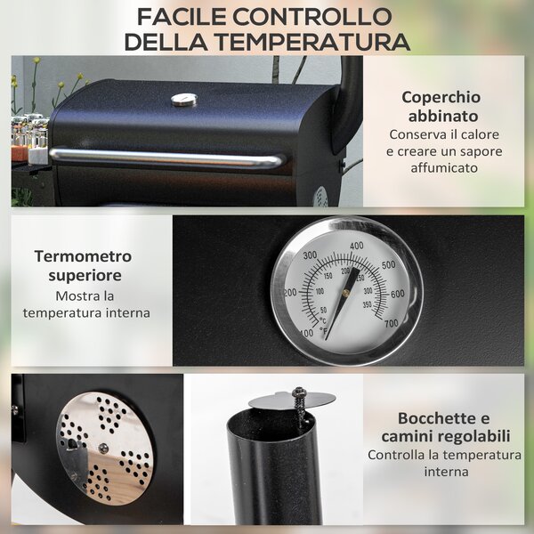 Outsunny Barbecue a Carbone con Coperchio, Termometro e Camino, Ripiani e Ruote, Nero|Aosom