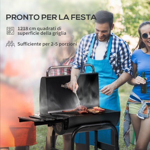 Outsunny Barbecue a Carbone con Coperchio, Termometro e Camino, Ripiani e Ruote, Nero|Aosom