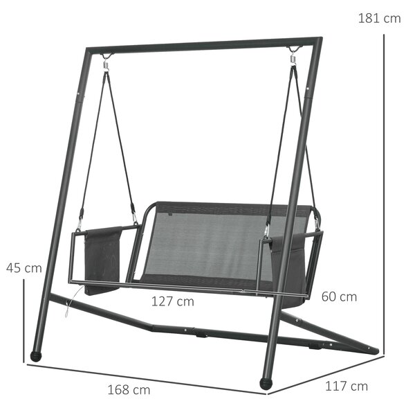Outsunny Dondolo da Giardino 2 Posti con Cuscini e Tasche, in Acciaio e Textilene, 168x117x181 cm, Grigio Scuro|Aosom