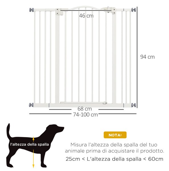 PawHut Cancellino per Cani Estensibile senza Viti, Porta a Chiusura Automatica, Larghezza Regolabile da 74-100 cm in Metallo, Bianco | Aosom Italy