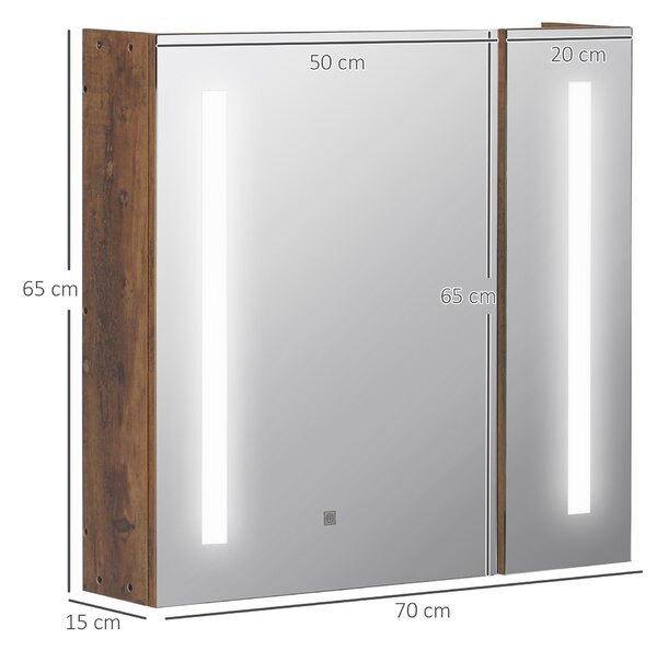 Kleankin Mobiletto Bagno con Specchio e Luci LED Regolabili, 2 Ante e Mensola Regolabile, Design a parete, 70x15x65cm, Marrone|Aosom Italy