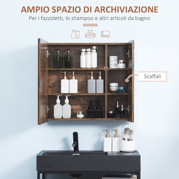 Kleankin Mobiletto Bagno con Specchio e Luci LED Regolabili, 2 Ante e Mensola Regolabile, Design a parete, 70x15x65cm, Marrone|Aosom Italy