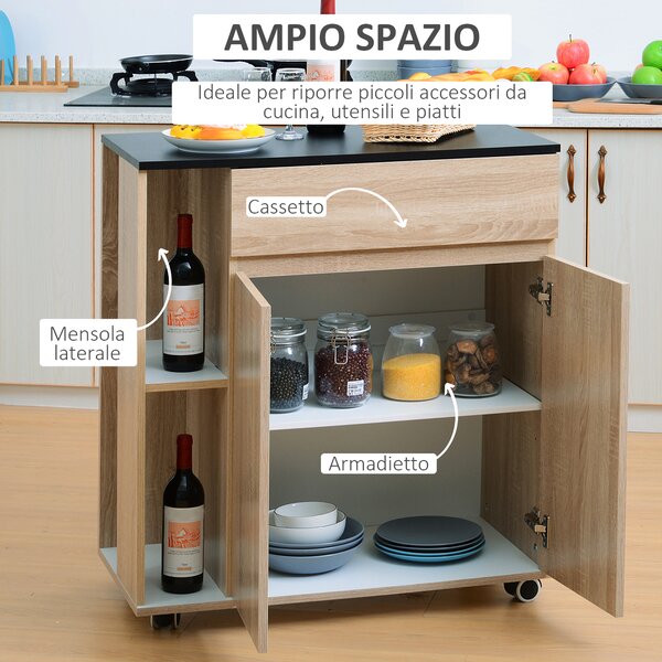 HOMCOM mobile cucina Carrello Cucina Moderno con Cassetti e Ruote in Legno, Rovere nero 78x39.5x88.5cm|Aosom