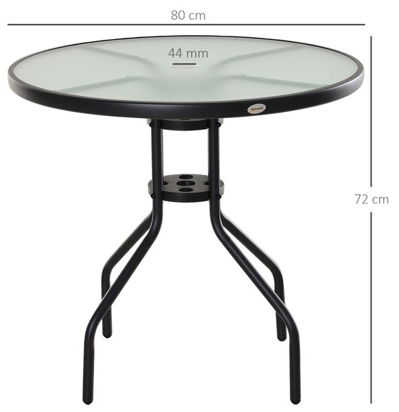 Outsunny Tavolino da Giardino Elegante, Piano in Vetro Temperato, Foro per Ombrellone, Acciaio, Ф80x72cm, Nero.|Aosom