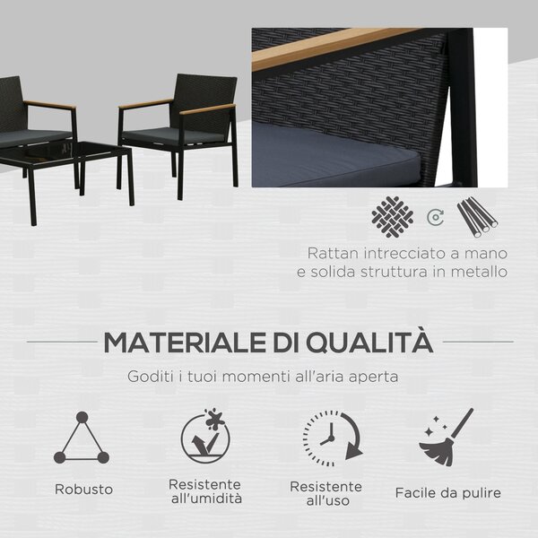 Outsunny Set 4 Pezzi Salotto da Esterni con 2 Sedie, Divano e Tavolino | Mobili da Giardino in Rattan e Acciaio Nero|Aosom