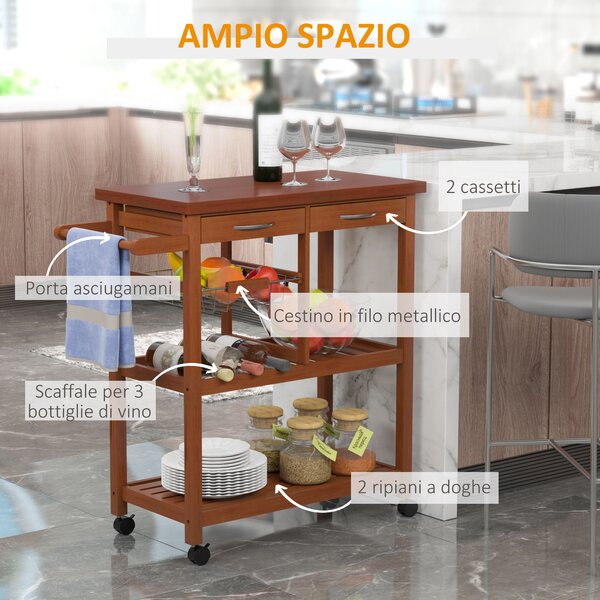 HOMCOM Carrello da Cucina carrello portavivande con Cassetti Scaffale da Cucina Portaoggetti Trasportabile in Legno 81x38x85 cm | Aosom Italy