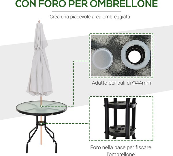 Outsunny Tavolino da Giardino Elegante, Piano in Vetro Temperato, Foro per Ombrellone, Acciaio, Ф80x72cm, Nero.|Aosom