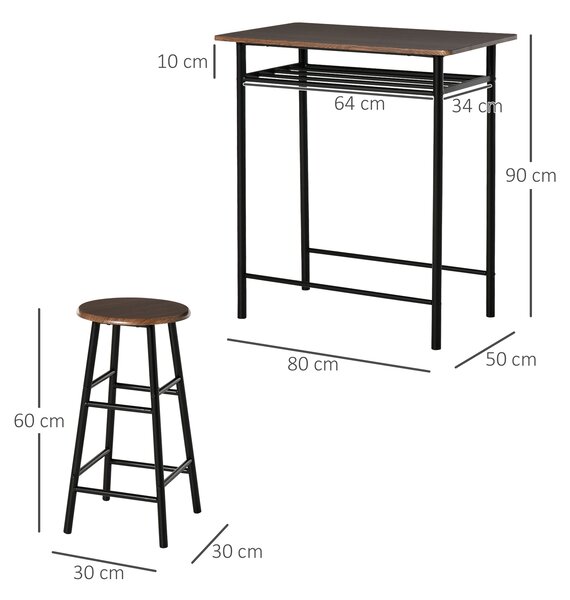 HOMCOM Tavolo Alto con 2 Sgabelli per Cucina, Soggiorno, Bar, Struttura in Acciaio con Poggiapiedi e Mensola|Aosom