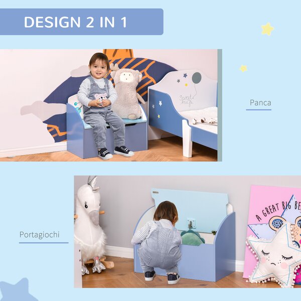 HOMCOM Cassapanca Baule Portagiochi, Panca in Legno Blu per Cameretta Bambini 3-6 Anni, 60 x 30 x 50 cm|Aosom