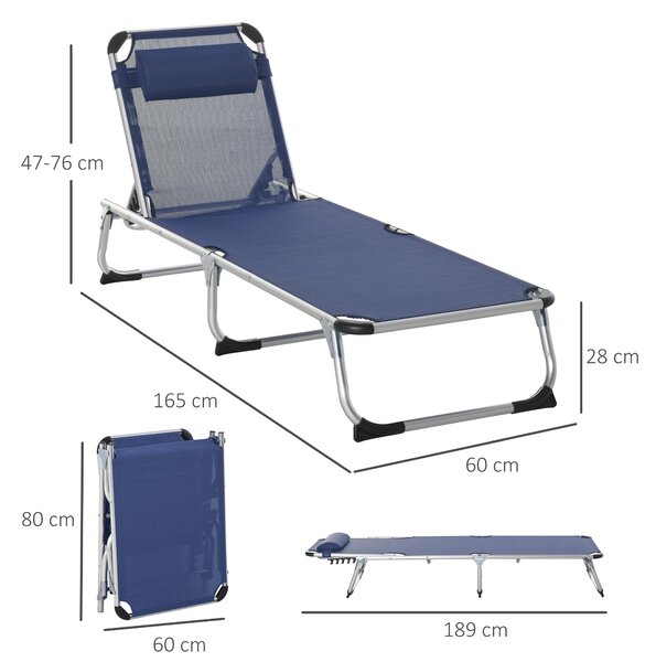 Outsunny Sdraio da Giardino Pieghevole con Poggiatesta Lettino Prendisole con Schienale Regolabile 60x170x76cm Blu Scuro|Aosom