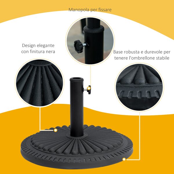 Outsunny Base Ombrellone Rotonda Nero, Plastica, 15kg, Adatta Pali Ф35-38-48mm, Ф49x32cm, Stabile e Resistente|Aosom
