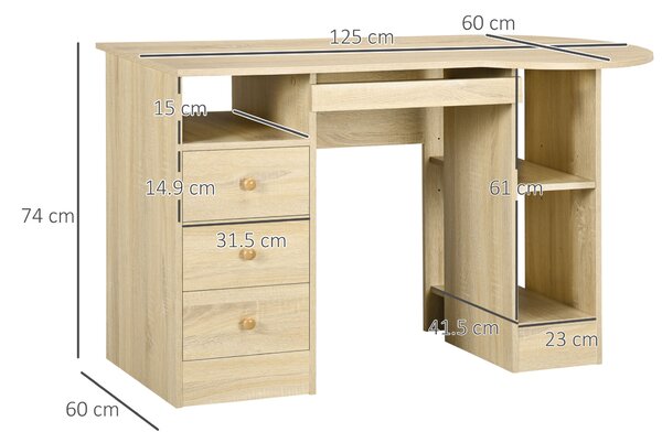 HOMCOM Scrivania da PC con 3 Cassetti e 2 Ripiani Regolabili in Legno, per Ufficio e Camera, Color Legno, 125x60x74cm | Aosom