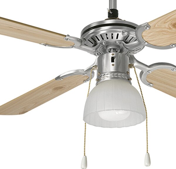 Ventilatore Metallo Cromo Spazzolato 1 Luce E27 4 Pale Legno Bianco Noce Gemini