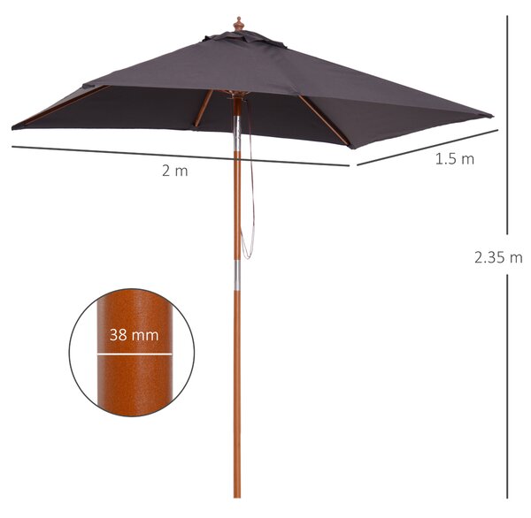 Outsunny Ombrellone da Giardino Inclinabile 2x1.5m, 6 Stecche e Palo in Legno di Abete Apertura a Corda, Grigio Scuro|Aosom