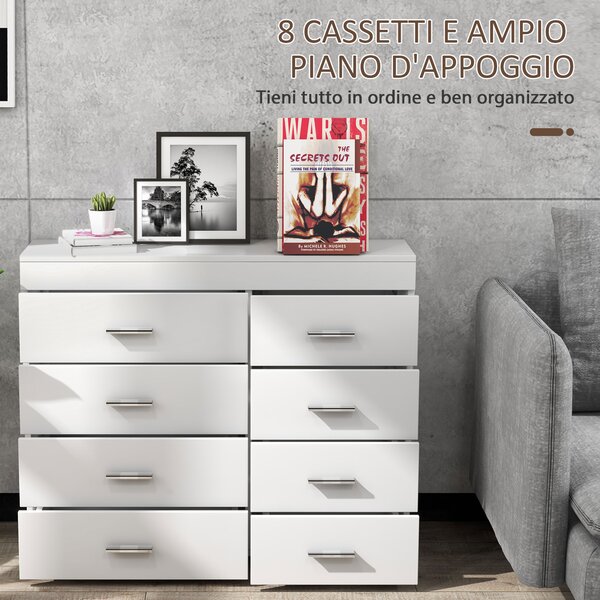 Homcom Cassettiera con 8 Cassetti per Casa e Ufficio in Legno, per Soggiorno Camera da Letto Corridoio Verticale Bianco|Aosom